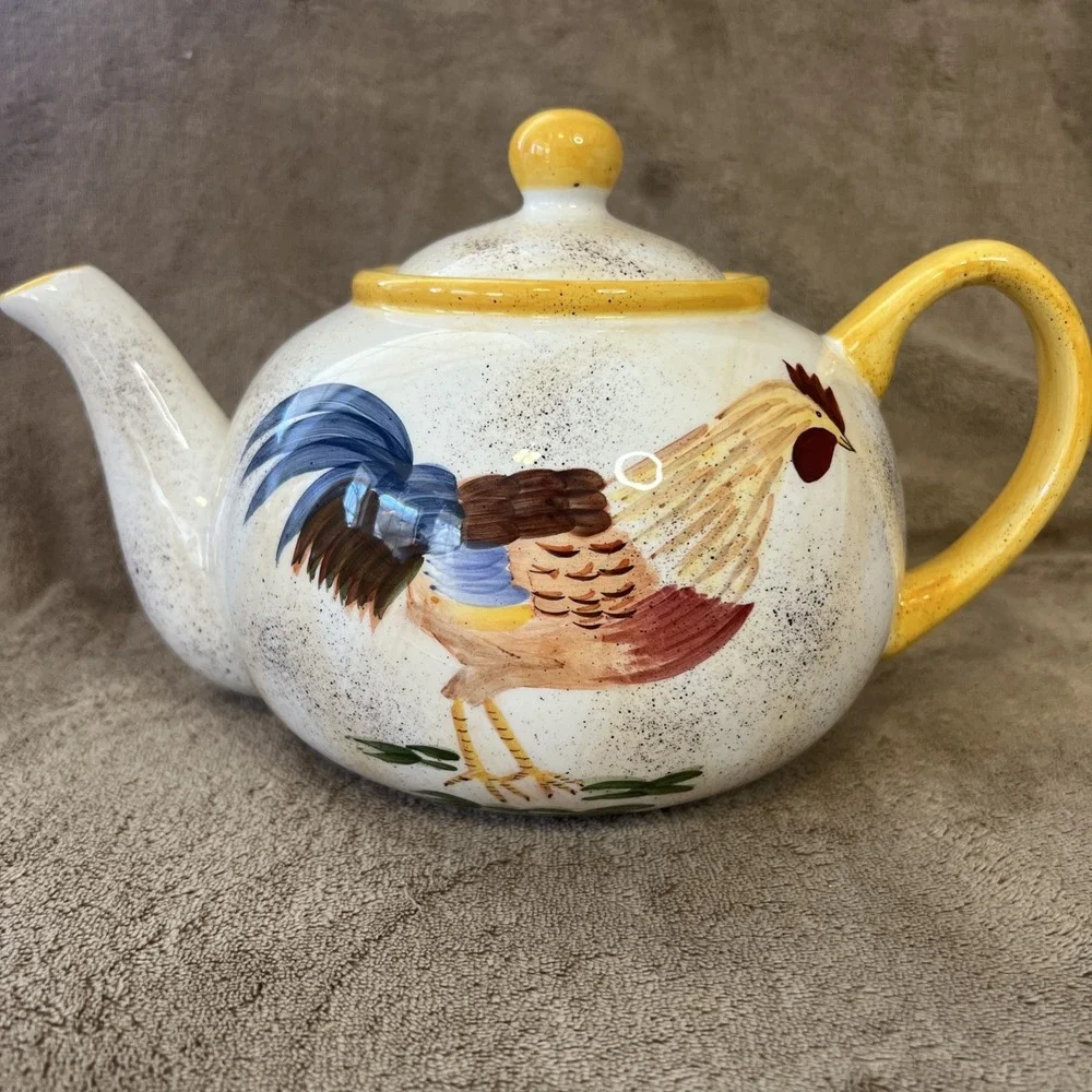 AMERICAN ATELIER Teapot & Lid Round Rooster‎ Handpainted Earthenware 5242